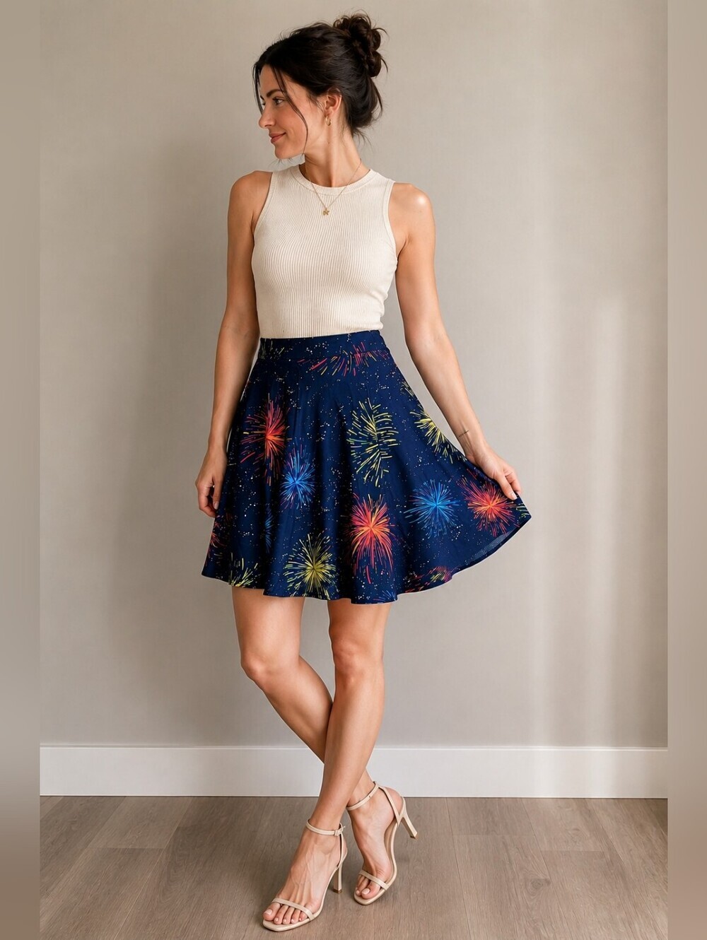 ModCloth Fireworks Print Skater Skirt M Lined Stretch Waist